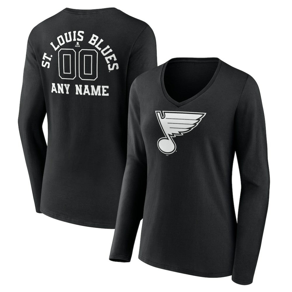 St. Louis Blues Women's Personalized Name & Number Monochrome Long Sleeve V-Neck T-Shirt - Black - NHL