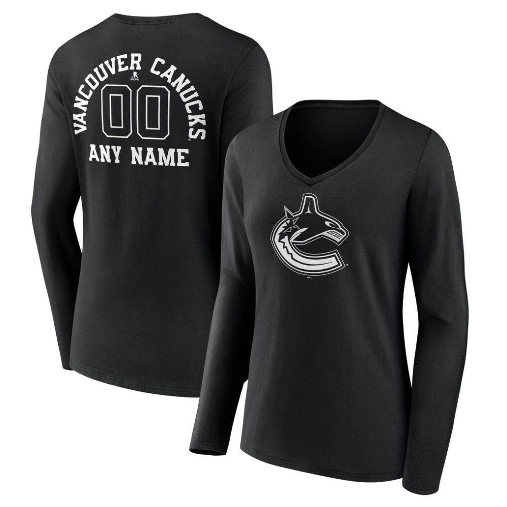 Vancouver Canucks Women's Personalized Name & Number Monochrome Long Sleeve V-Neck T-Shirt - Black - NHL