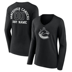 Vancouver Canucks Women's Personalized Name & Number Monochrome Long Sleeve V-Neck T-Shirt - Black - NHL