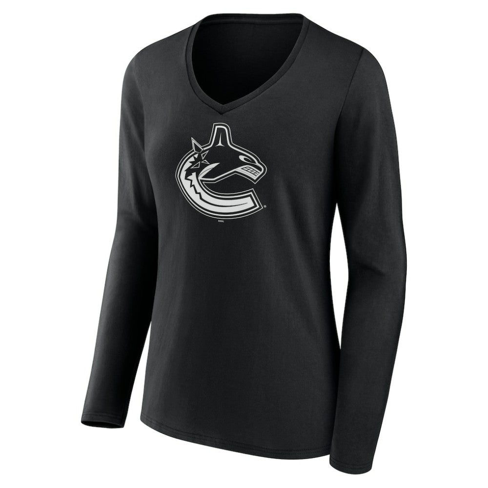 Vancouver Canucks Women's Personalized Name & Number Monochrome Long Sleeve V-Neck T-Shirt - Black - NHL