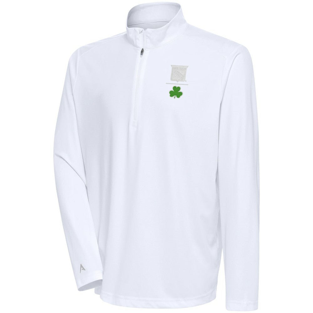 New York Rangers Antigua Shamrock Tribute Quarter-Zip Pullover Top - White - NHL