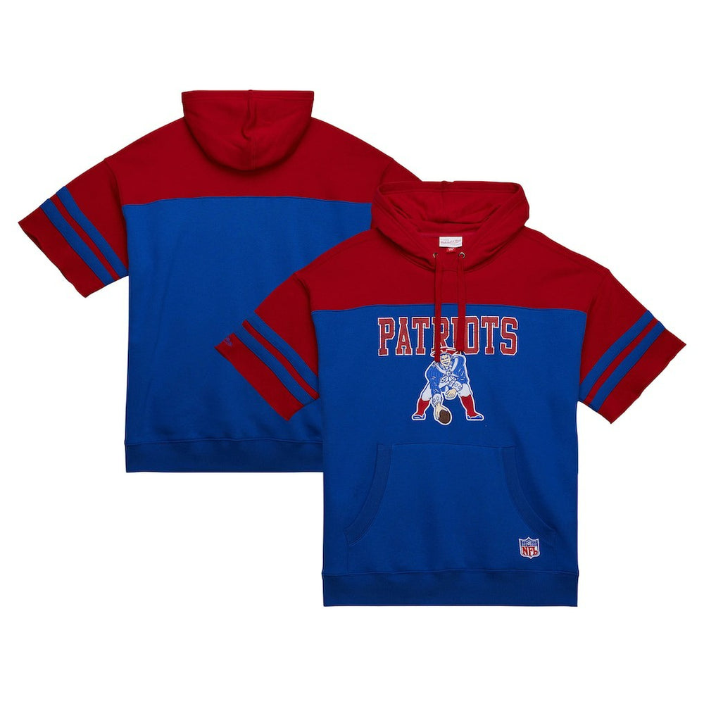 New England Patriots Off Field Vintage Logo Short Sleeve Pullover Hoodie Royal | Mitchell & Ness