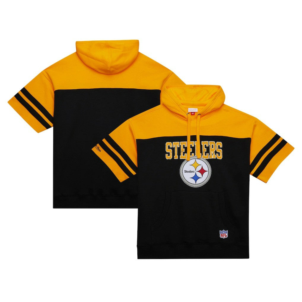 Pittsburgh Steelers Off Field Vintage Logo Short Sleeve Pullover Hoodie Black | Mitchell & Ness