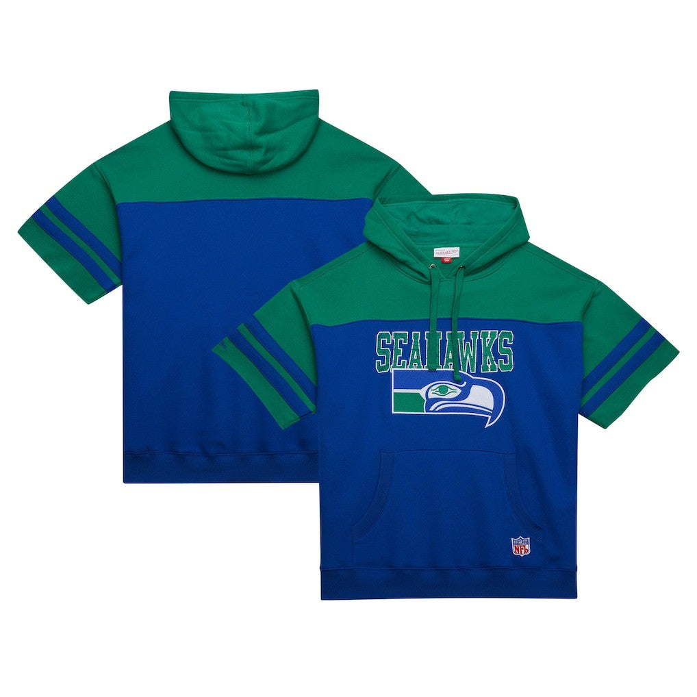 Seattle Seahawks Off Field Vintage Logo Short Sleeve Pullover Hoodie Royal | Mitchell & Ness