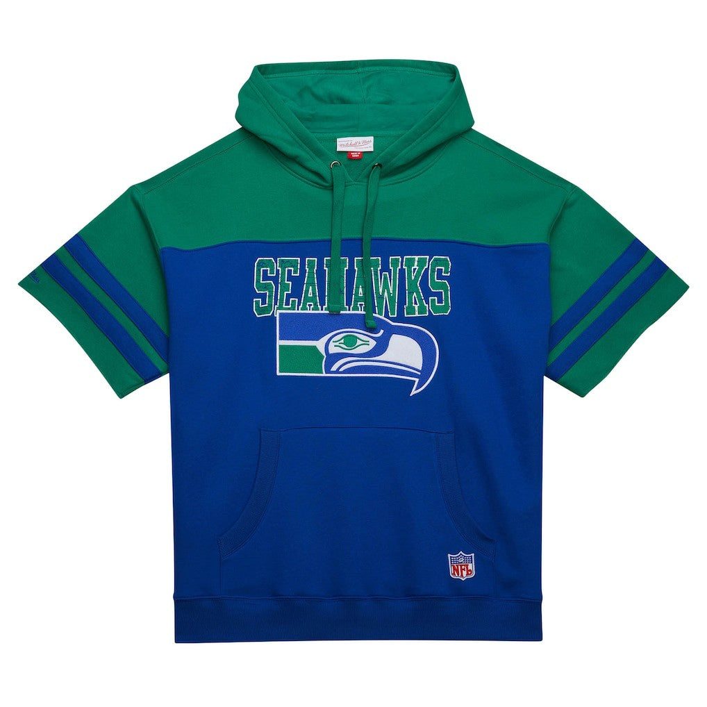 Seattle Seahawks Off Field Vintage Logo Short Sleeve Pullover Hoodie Royal | Mitchell & Ness
