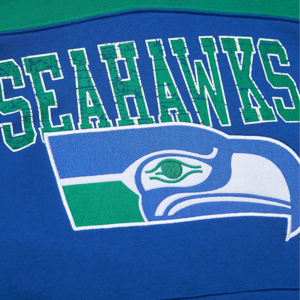 Seattle Seahawks Off Field Vintage Logo Short Sleeve Pullover Hoodie Royal | Mitchell & Ness