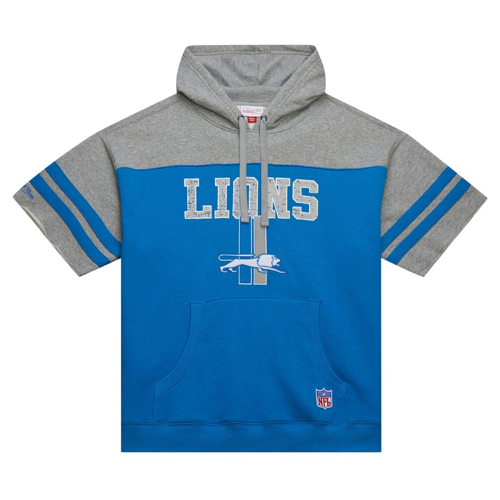 Detroit Lions Off Field Vintage Logo Short Sleeve Pullover Hoodie Blue | Mitchell & Ness