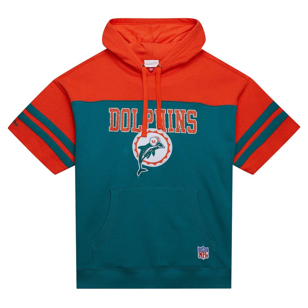 Miami Dolphins Off Field Vintage Logo Short Sleeve Pullover Hoodie Aqua | Mitchell & Ness