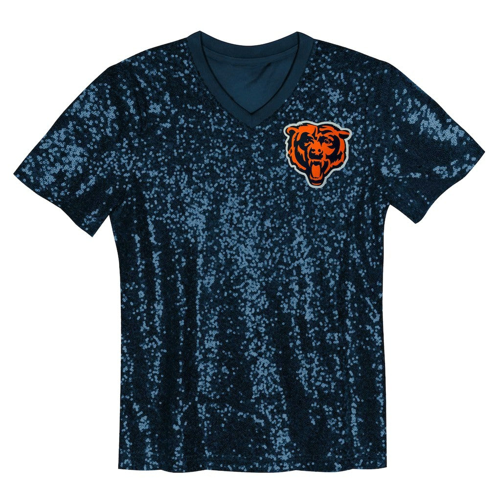 Chicago Bears Girls Youth Wordmark Sequin V-Neck Top Navy | NFL