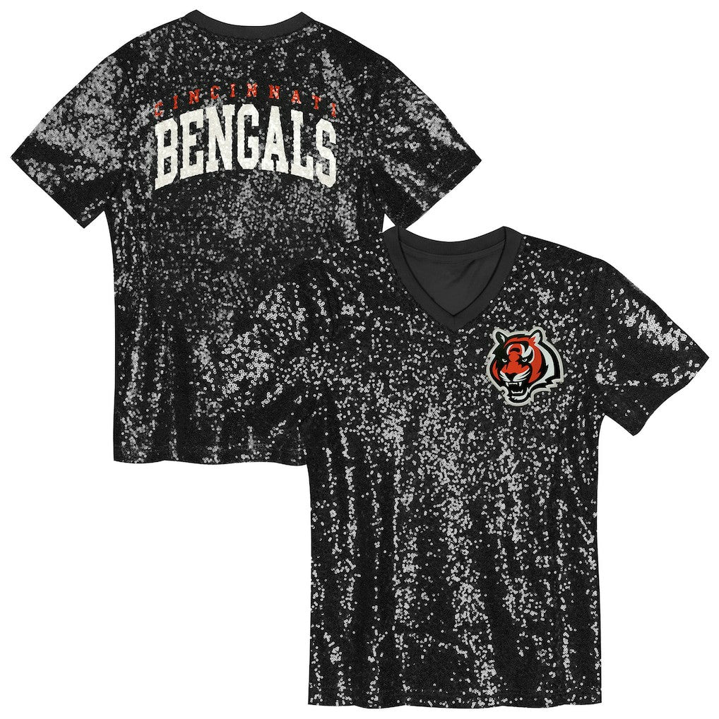 Cincinnati Bengals Girls Youth Wordmark Sequin V-Neck Top Black | NFL