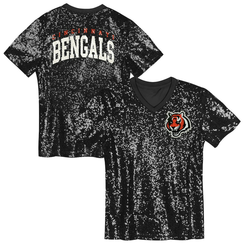 Cincinnati Bengals Girls Youth Wordmark Sequin V-Neck Top Black | NFL