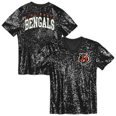 Cincinnati Bengals Girls Youth Wordmark Sequin V-Neck Top Black | NFL