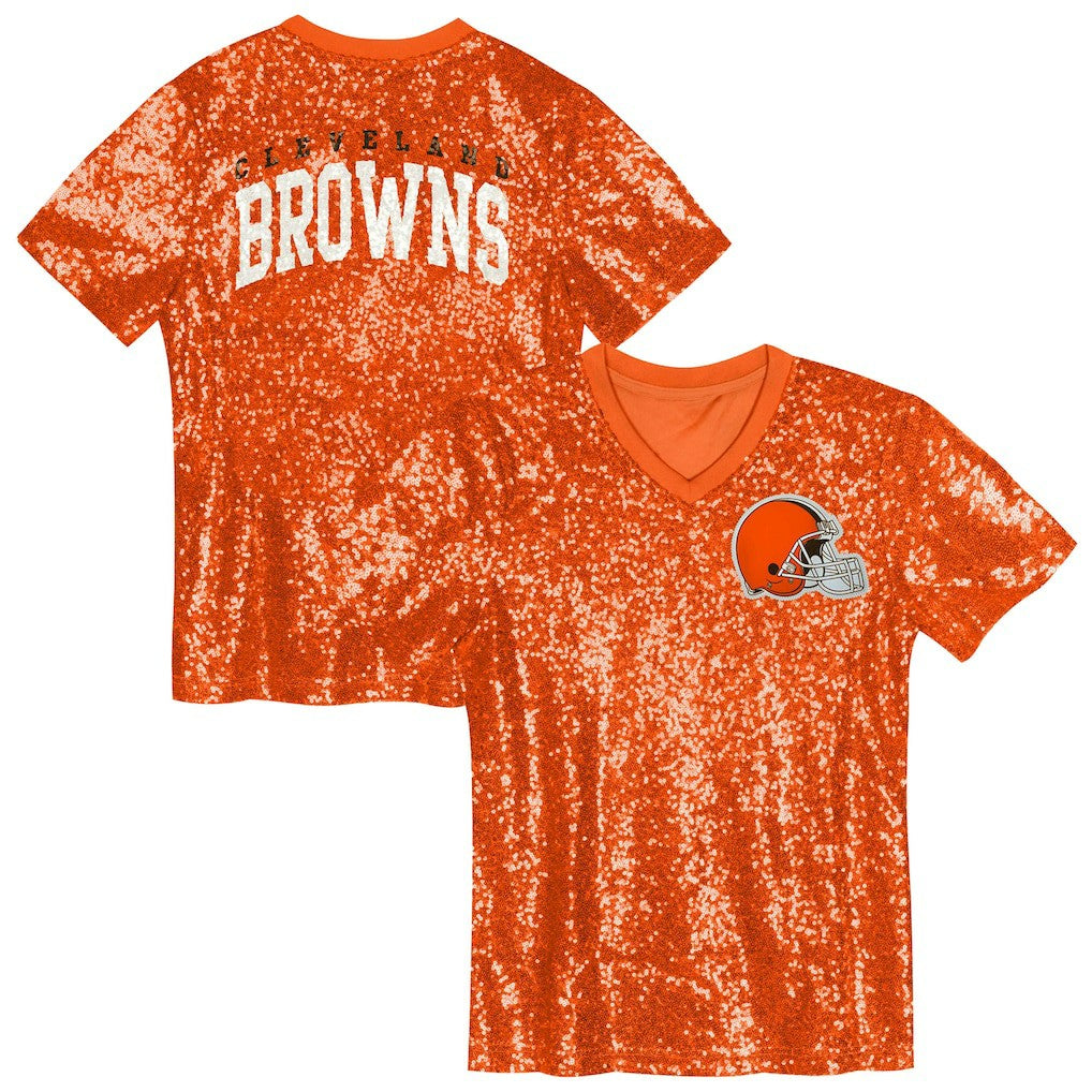 Cleveland Browns Girls Youth Wordmark Sequin V-Neck Top Orange | NFL