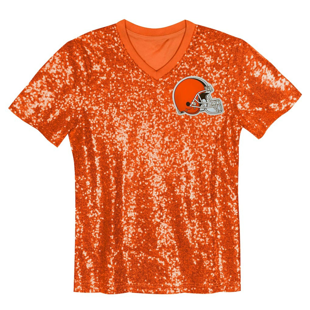 Cleveland Browns Girls Youth Wordmark Sequin V-Neck Top Orange | NFL