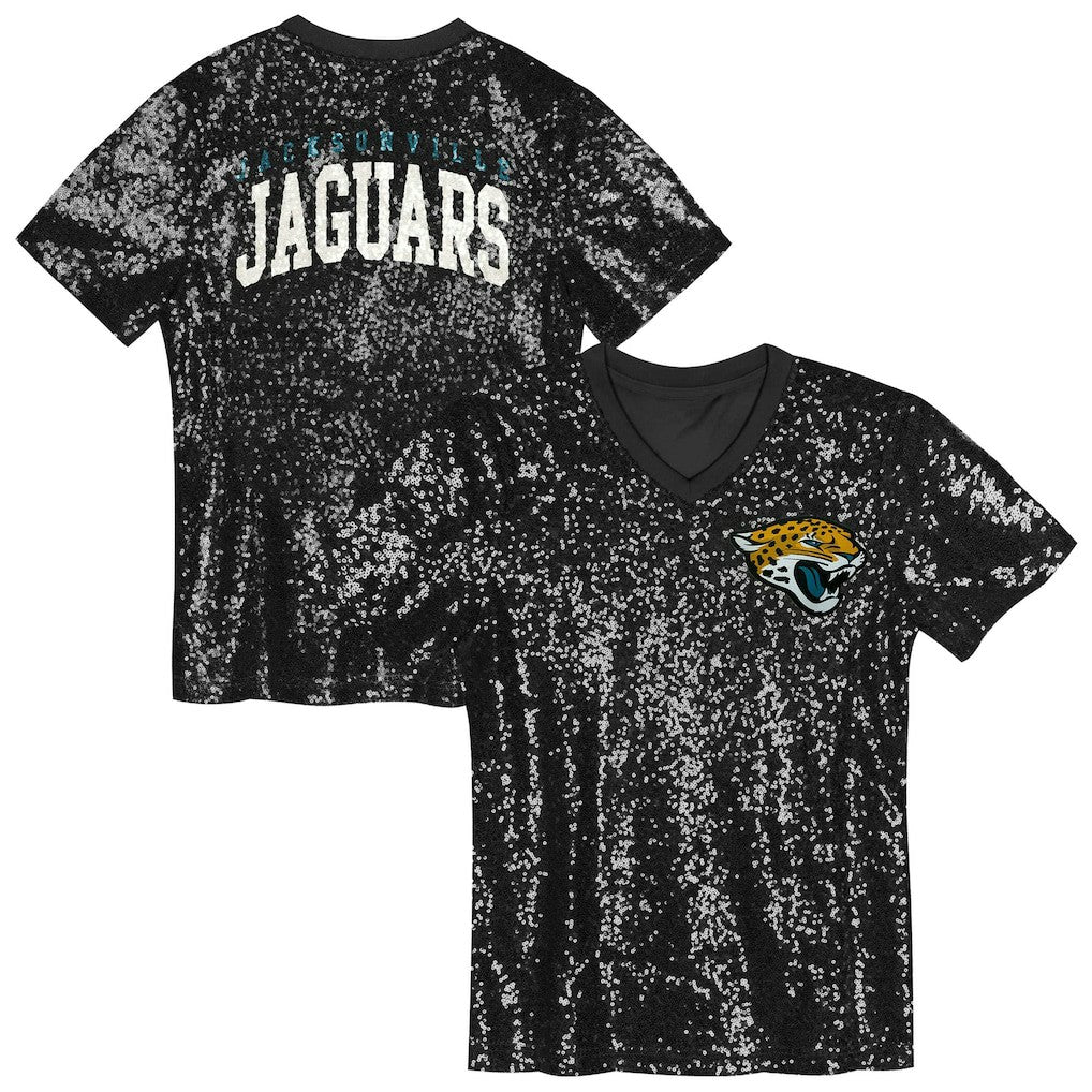 Jacksonville Jaguars Girls Youth Wordmark Sequin V-Neck Top Black | NFL