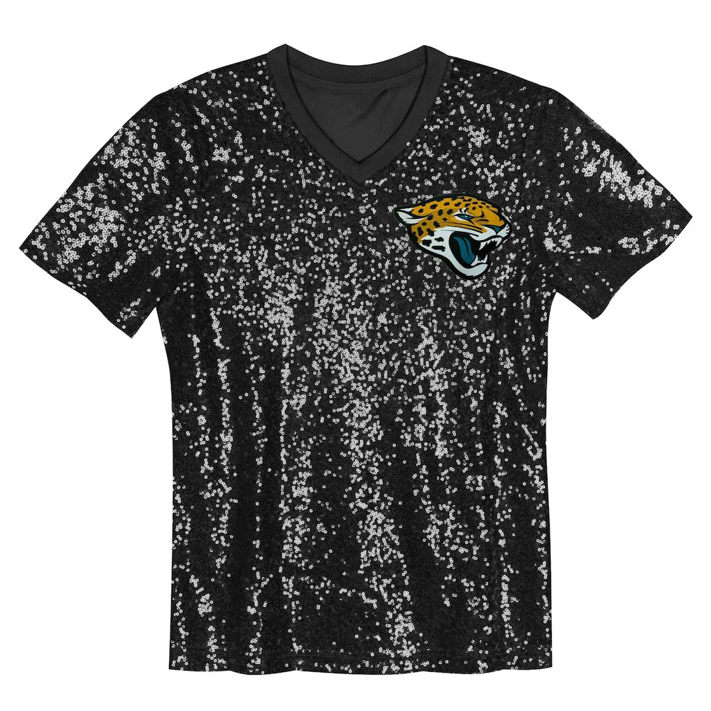 Jacksonville Jaguars Girls Youth Wordmark Sequin V-Neck Top Black | NFL