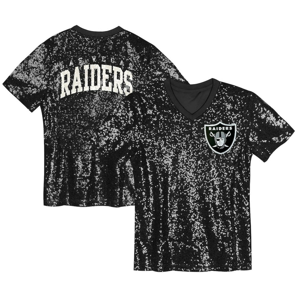 Las Vegas Raiders Girls Youth Wordmark Sequin V-Neck Top Black | NFL
