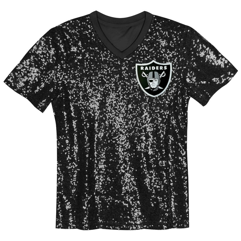 Las Vegas Raiders Girls Youth Wordmark Sequin V-Neck Top Black | NFL
