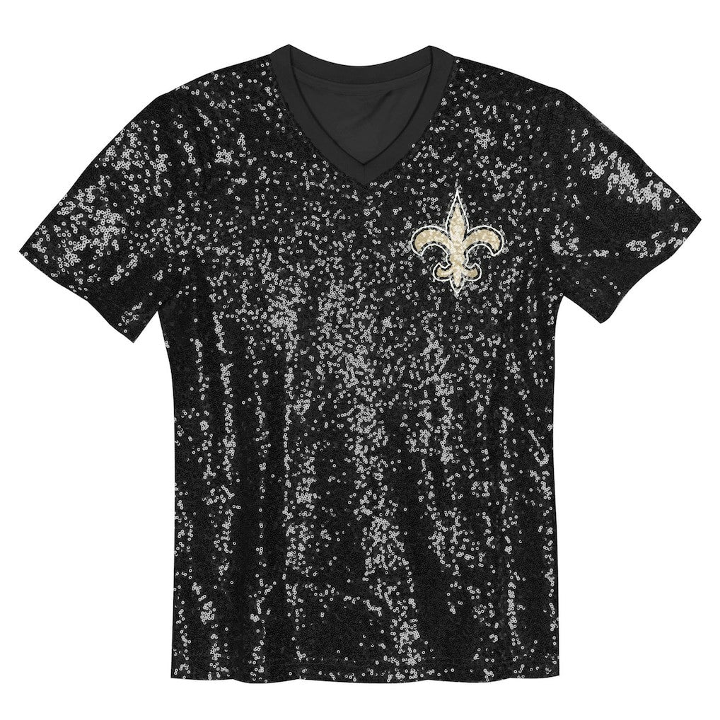 New Orleans Saints Girls Youth Wordmark Sequin V-Neck Top Black | NFL