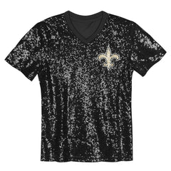 New Orleans Saints Girls Youth Wordmark Sequin V-Neck Top Black | NFL