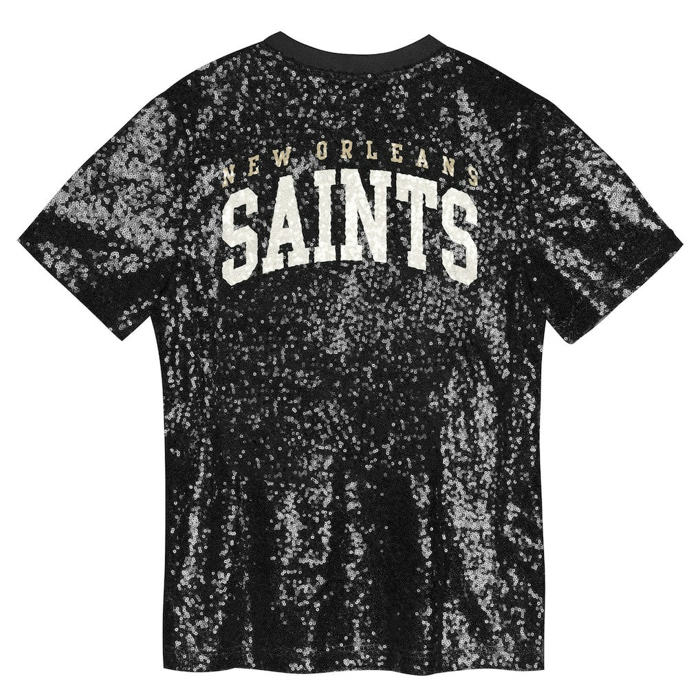 New Orleans Saints Girls Youth Wordmark Sequin V-Neck Top Black | NFL