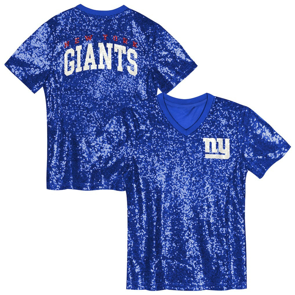 New York Giants Girls Youth Wordmark Sequin V-Neck Top Royal | NFL