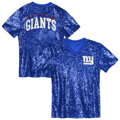New York Giants Girls Youth Wordmark Sequin V-Neck Top Royal | NFL