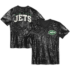New York Jets Girls Youth Wordmark Sequin V-Neck Top Black | NFL
