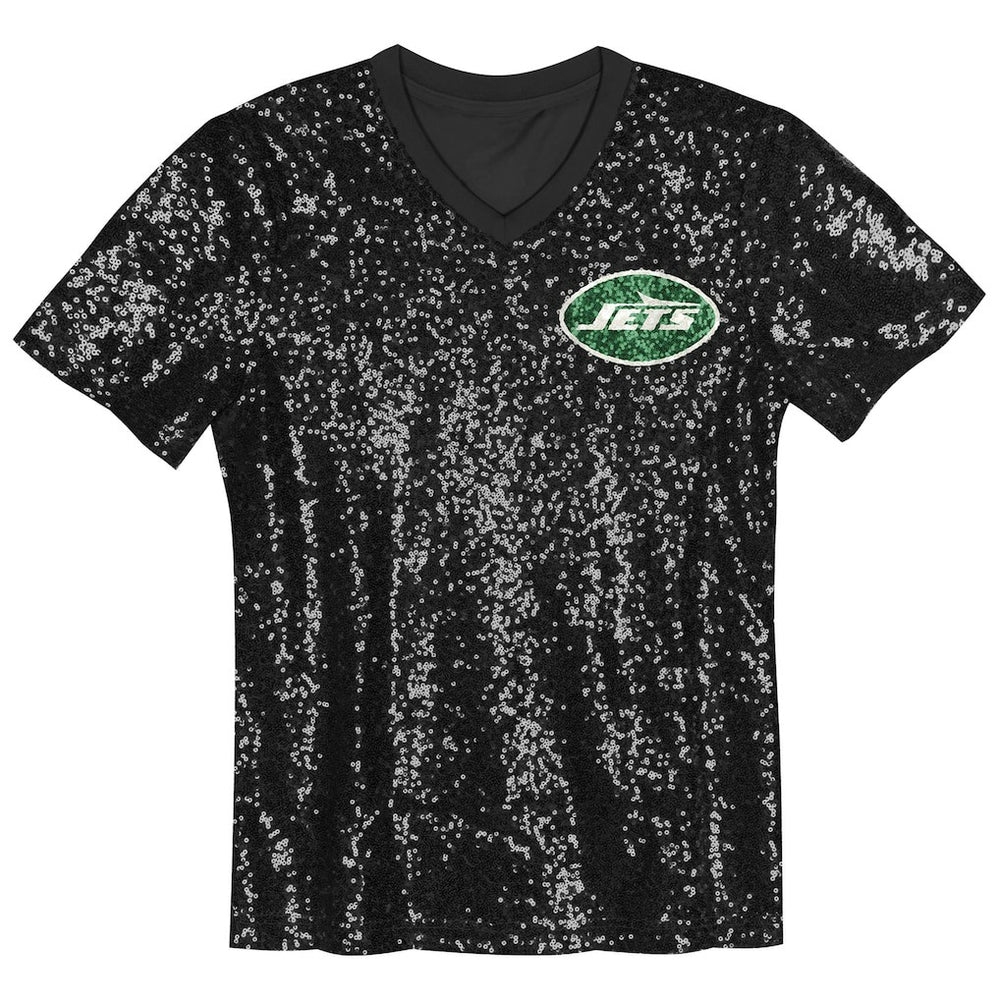 New York Jets Girls Youth Wordmark Sequin V-Neck Top Black | NFL