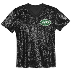 New York Jets Girls Youth Wordmark Sequin V-Neck Top Black | NFL