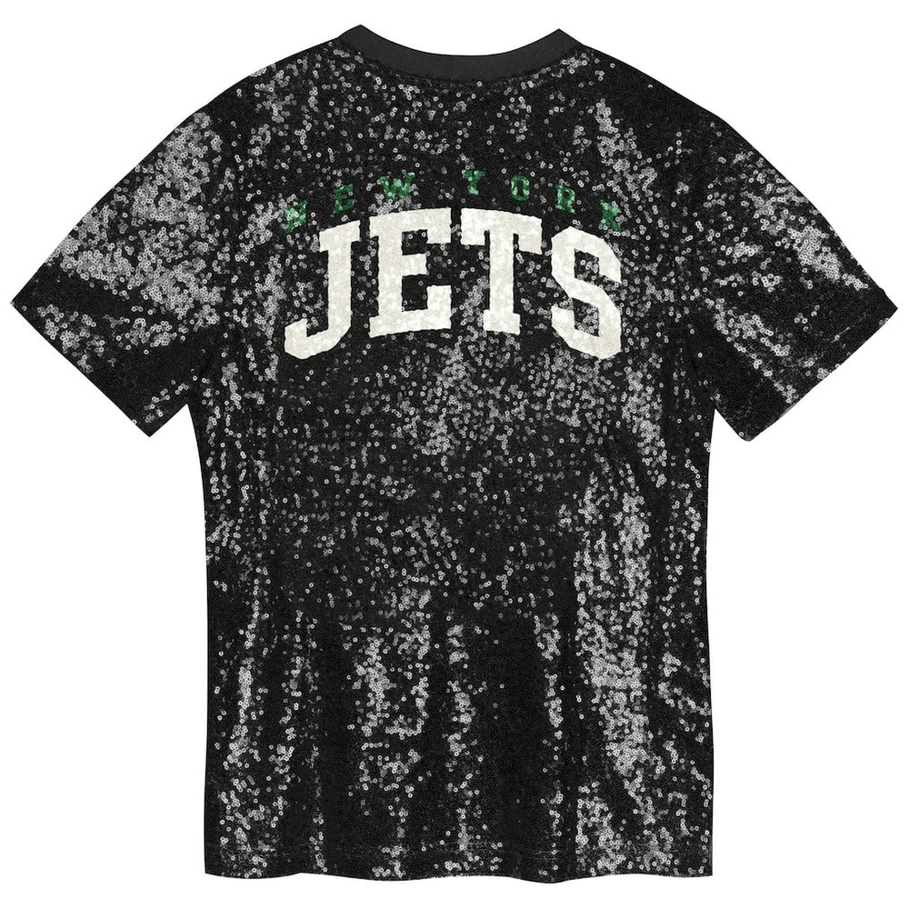New York Jets Girls Youth Wordmark Sequin V-Neck Top Black | NFL