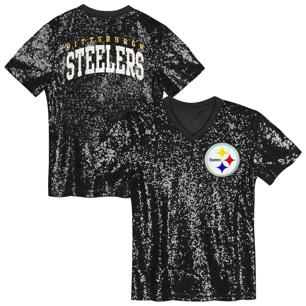 Pittsburgh Steelers Girls Youth Wordmark Sequin V-Neck Top Black | NFL
