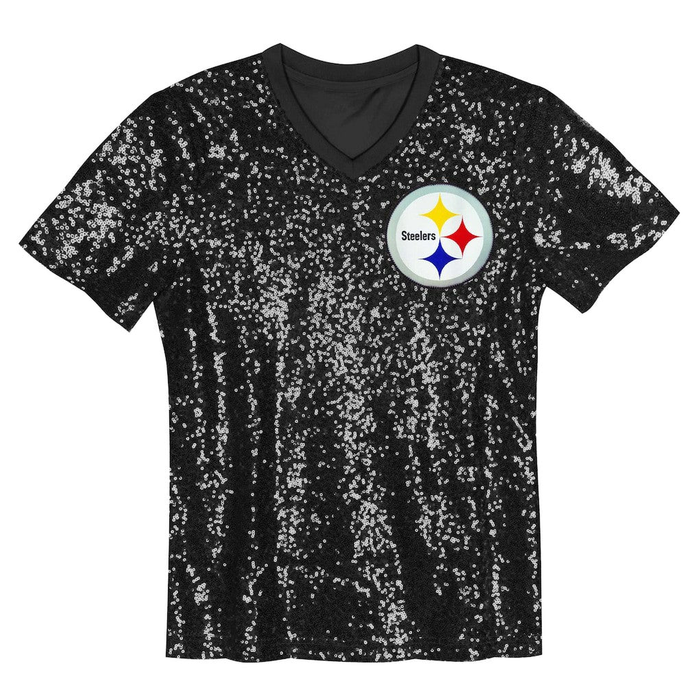 Pittsburgh Steelers Girls Youth Wordmark Sequin V-Neck Top Black | NFL