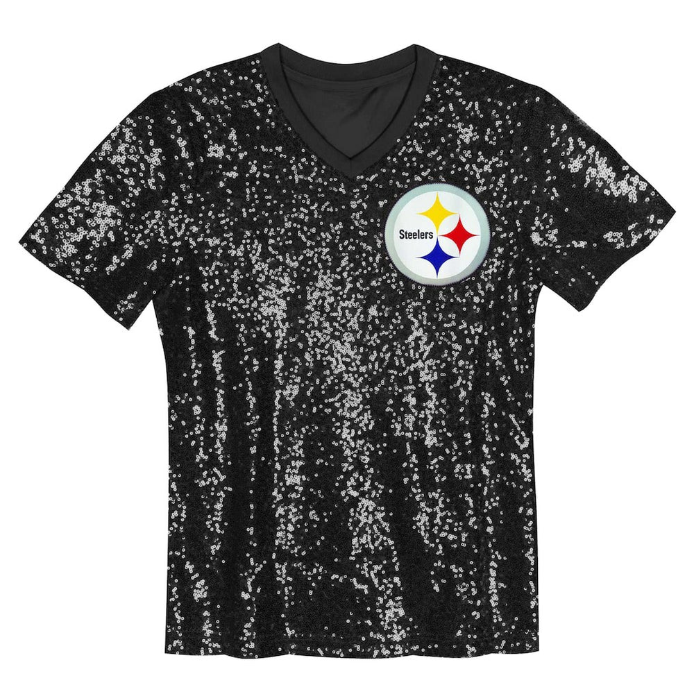 Pittsburgh Steelers Girls Youth Wordmark Sequin V-Neck Top Black | NFL