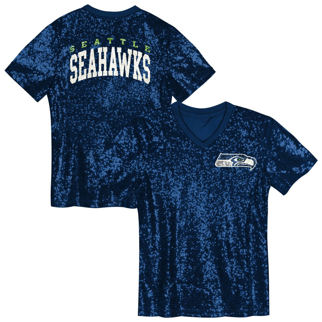 Seattle Seahawks Girls Youth Wordmark Sequin V-Neck Top College Navy | NFL