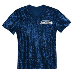 Seattle Seahawks Girls Youth Wordmark Sequin V-Neck Top College Navy | NFL