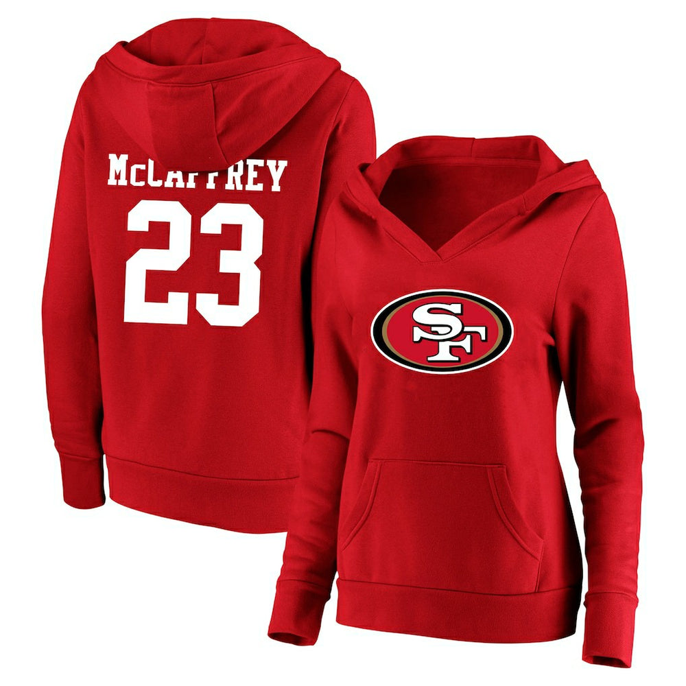 Christian McCaffrey San Francisco 49ers Women's Plus Size Player Name & Number V-Neck Pullover Hoodie Scarlet | Fanatics