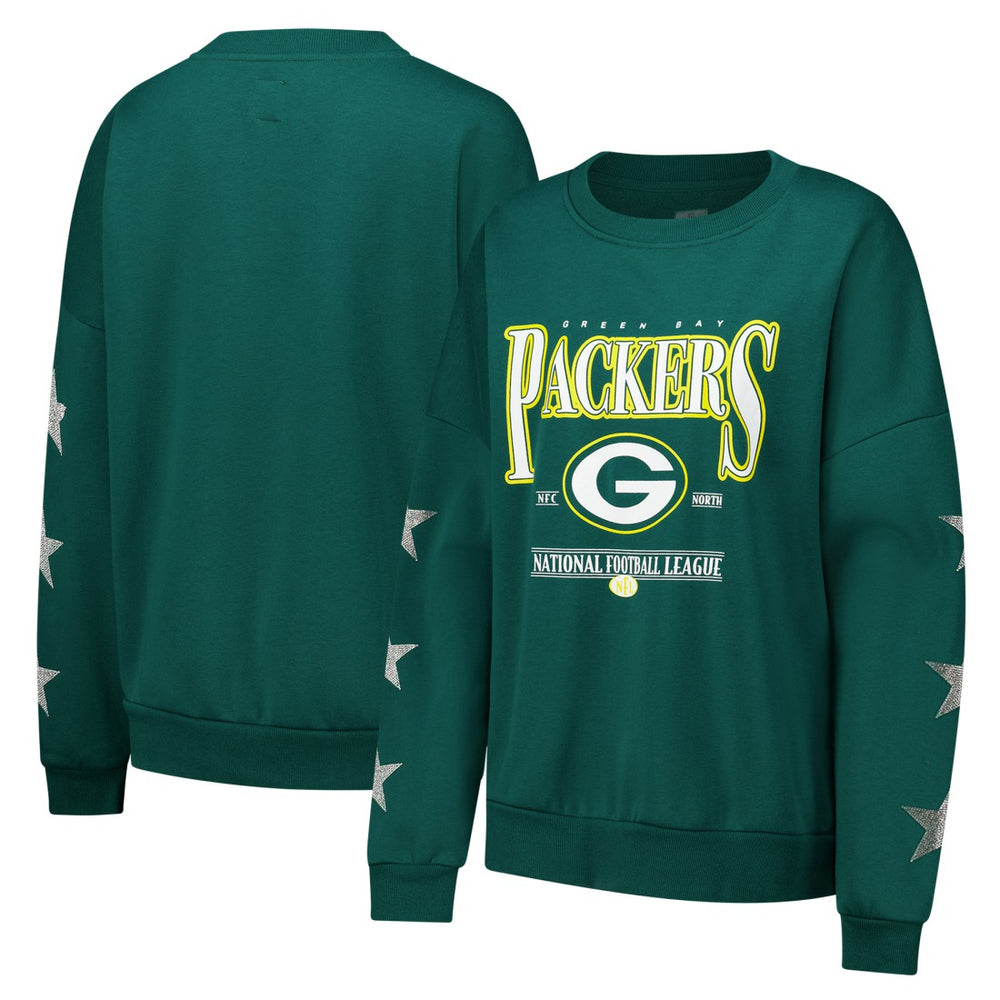 Green Bay Packers Gameday Couture Women's Rhinestone Star Sleeve Settle the Score Oversized Pullover Sweatshirt Green | NFL