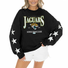 Jacksonville Jaguars Gameday Couture Women's Rhinestone Star Sleeve Settle the Score Oversized Pullover Sweatshirt Black | NFL