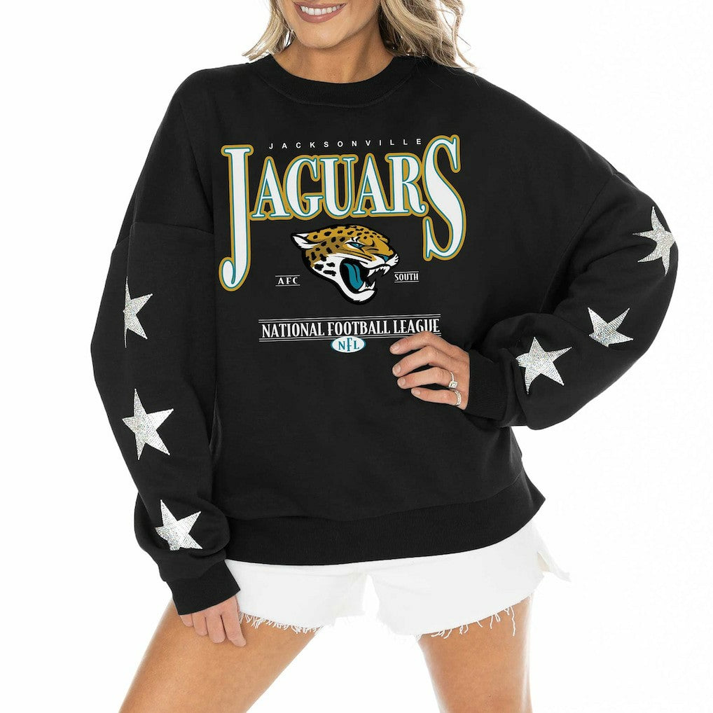 Jacksonville Jaguars Gameday Couture Women's Rhinestone Star Sleeve Settle the Score Oversized Pullover Sweatshirt Black | NFL