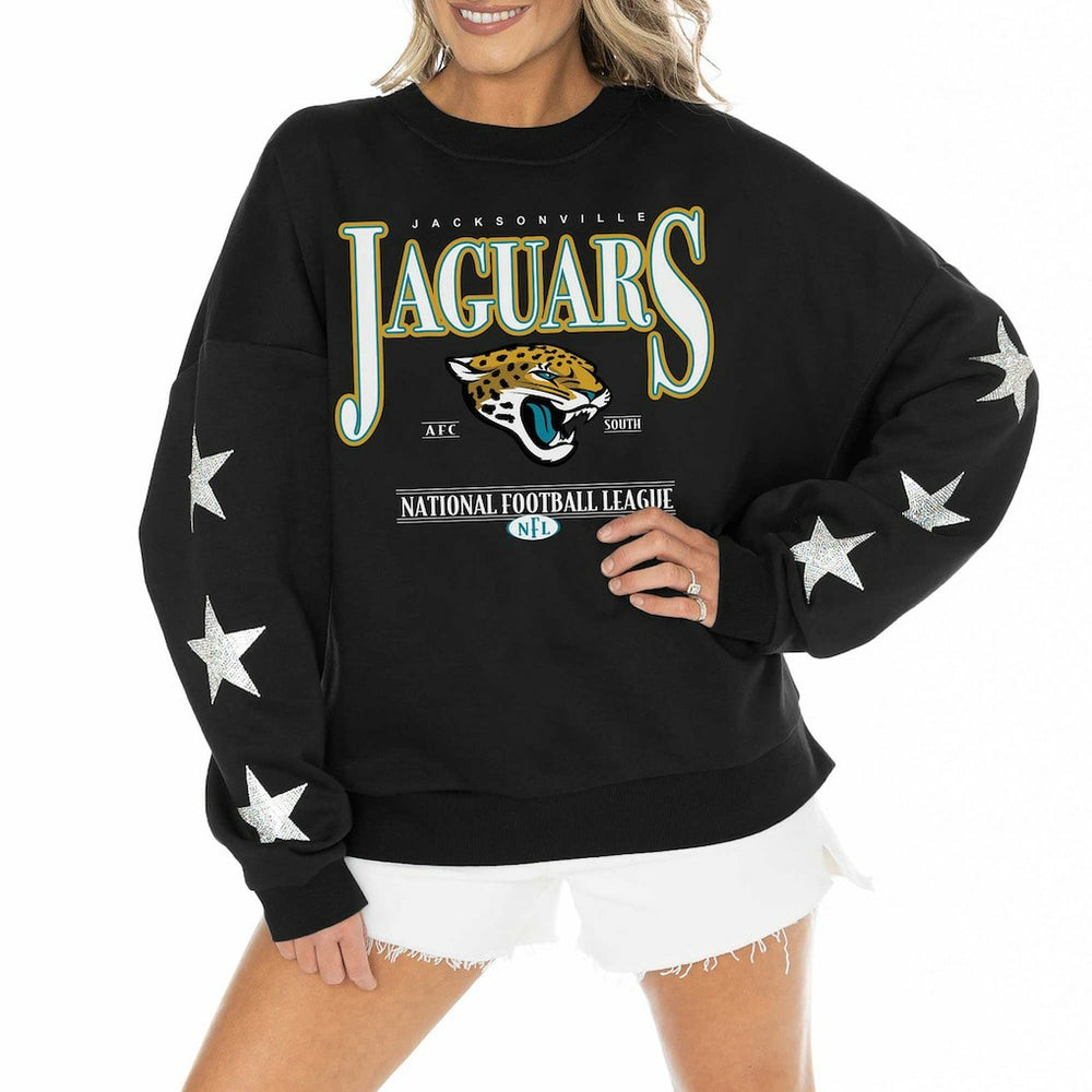 Jacksonville Jaguars Gameday Couture Women's Rhinestone Star Sleeve Settle the Score Oversized Pullover Sweatshirt Black | NFL
