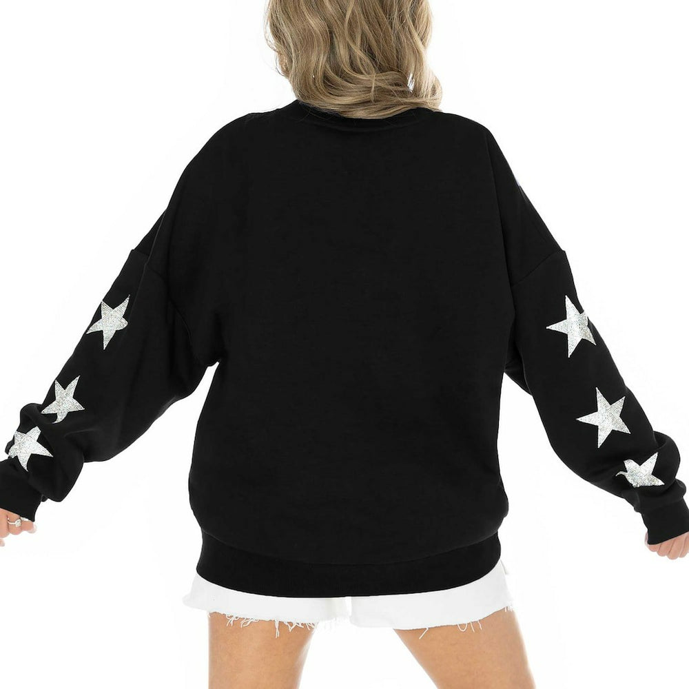 Jacksonville Jaguars Gameday Couture Women's Rhinestone Star Sleeve Settle the Score Oversized Pullover Sweatshirt Black | NFL