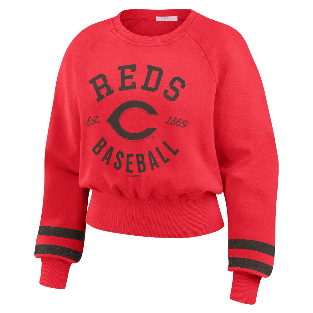 Cincinnati Reds WEAR by Erin Andrews Women's Vintage Washed Cropped Pullover Sweatshirt - MLB