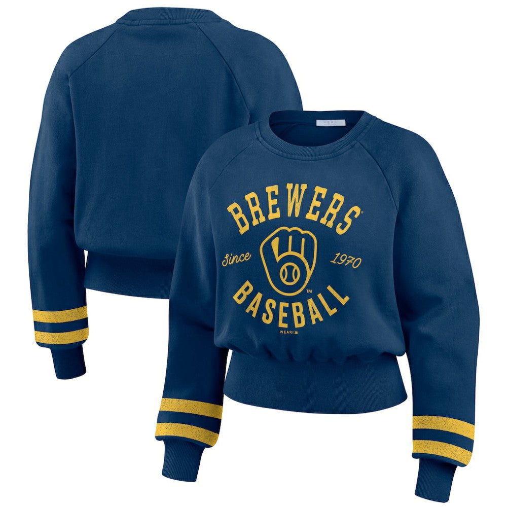 Milwaukee Brewers WEAR by Erin Andrews Women's Vintage Washed Cropped Pullover Sweatshirt - MLB