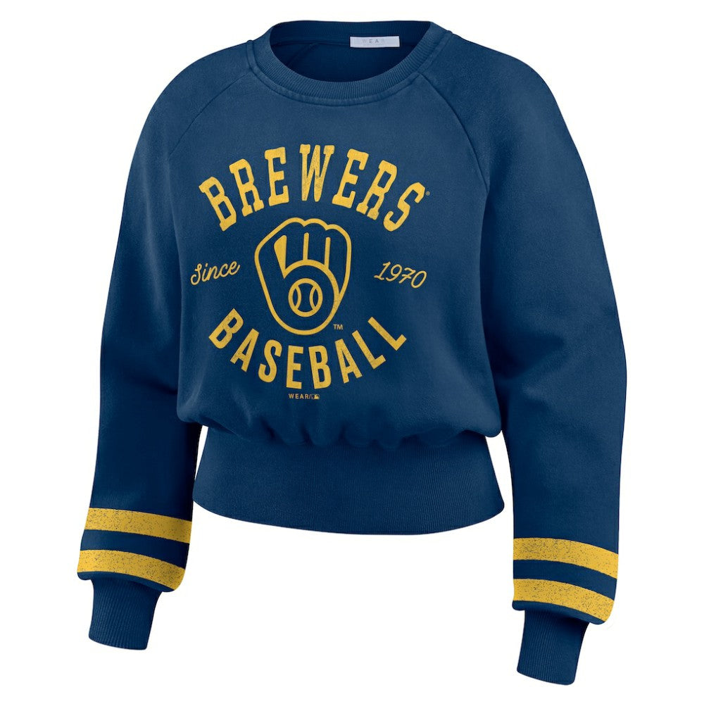 Milwaukee Brewers WEAR by Erin Andrews Women's Vintage Washed Cropped Pullover Sweatshirt - MLB