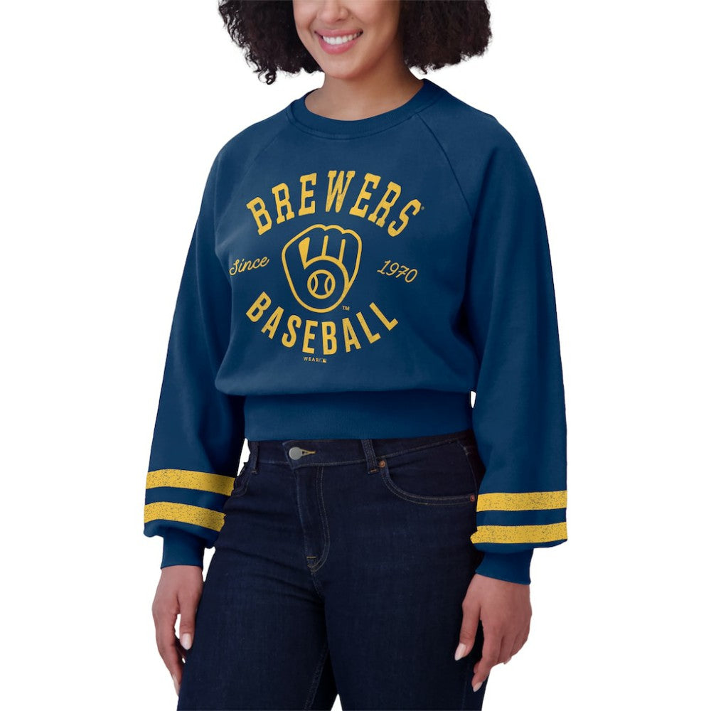 Milwaukee Brewers WEAR by Erin Andrews Women's Vintage Washed Cropped Pullover Sweatshirt - MLB