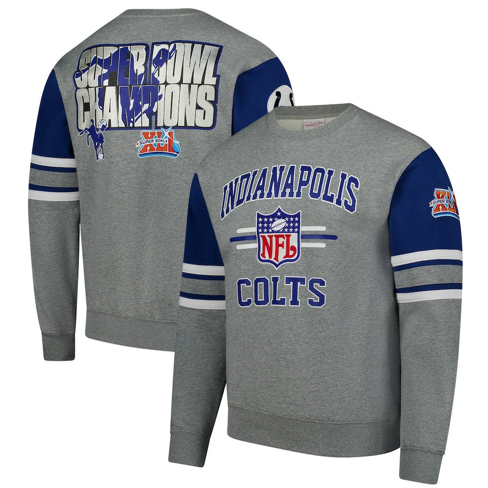 Indianapolis Colts All Over 4.0 Vintage Logo Pullover Sweatshirt Heather Gray | Mitchell & Ness