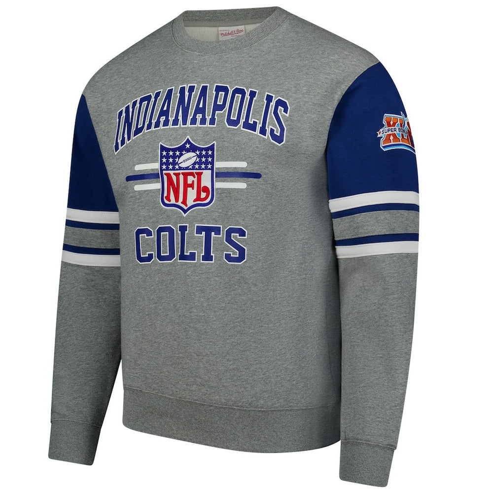 Indianapolis Colts All Over 4.0 Vintage Logo Pullover Sweatshirt Heather Gray | Mitchell & Ness