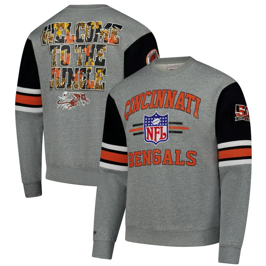 Cincinnati Bengals All Over 4.0 Vintage Logo Pullover Sweatshirt Heather Gray | Mitchell & Ness