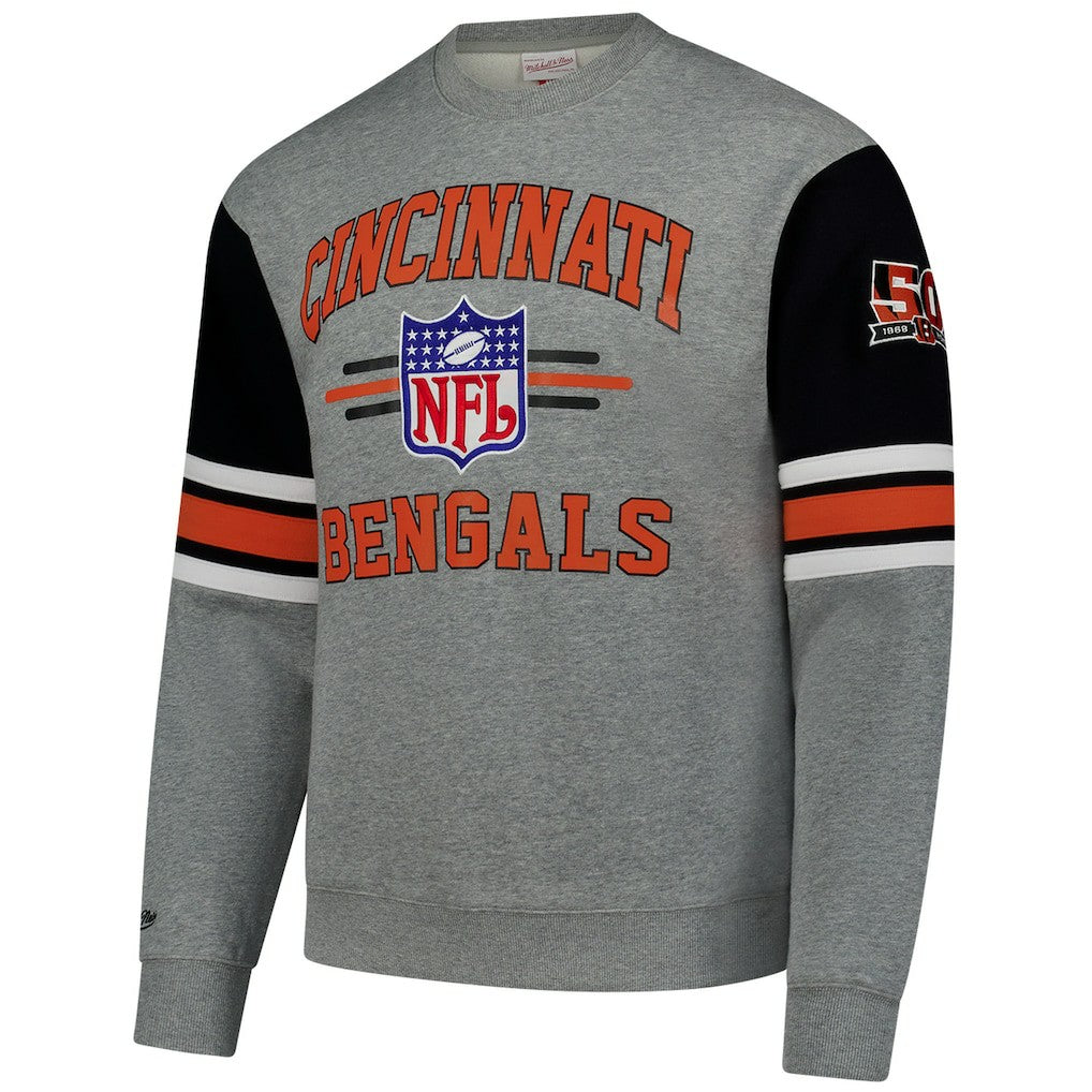 Cincinnati Bengals All Over 4.0 Vintage Logo Pullover Sweatshirt Heather Gray | Mitchell & Ness